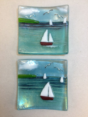 Trinket Dish - Sea scene with sailing boat - Fused Glass By Claire Harris 