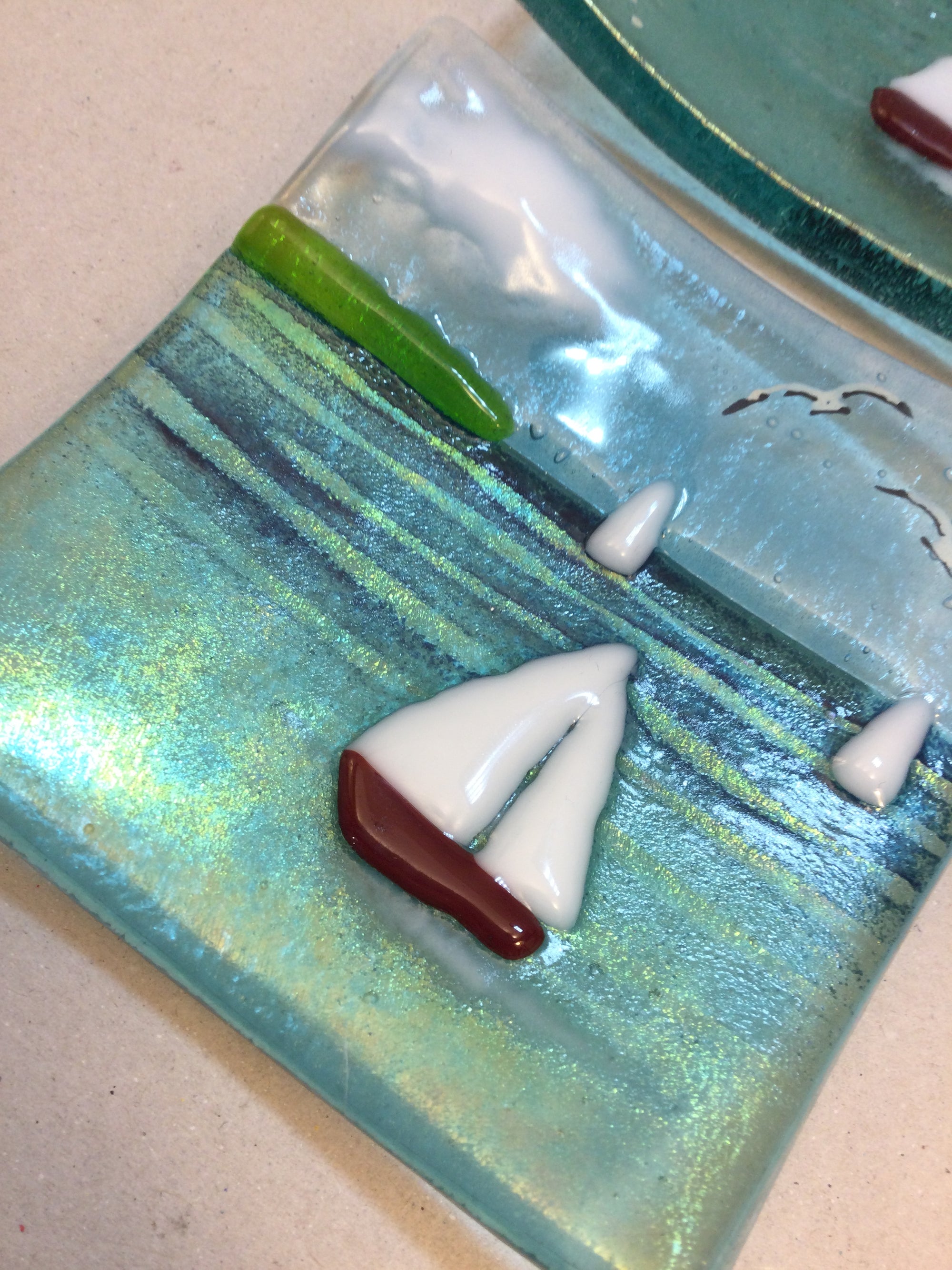 Trinket Dish - Sea scene with sailing boat - Fused Glass By Claire Harris 