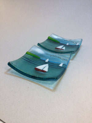 Trinket Dish - Sea scene with sailing boat - Fused Glass By Claire Harris 