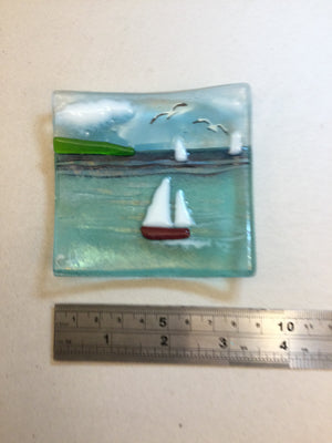 Trinket Dish - Sea scene with sailing boat - Fused Glass By Claire Harris 