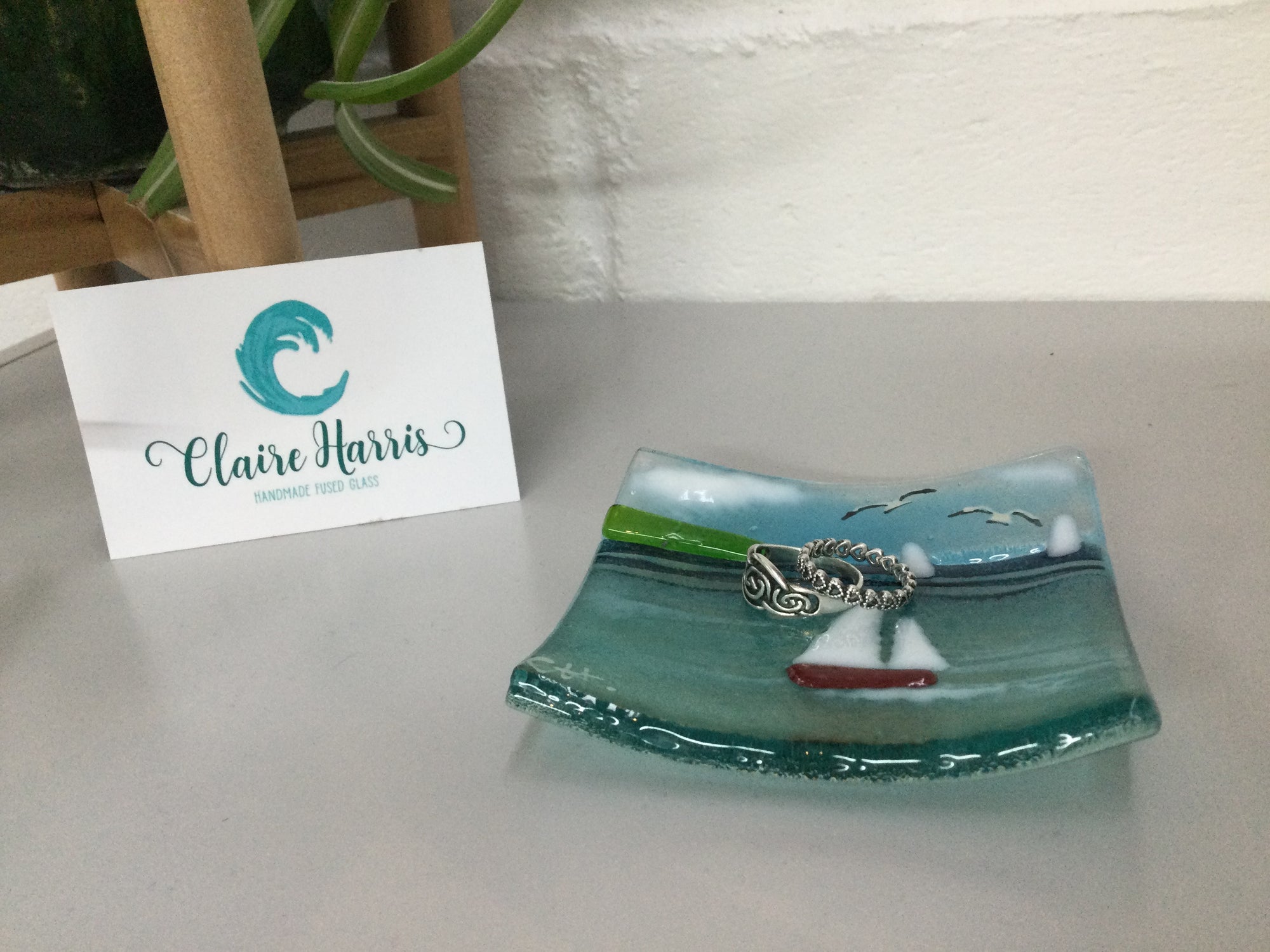 Trinket Dish - Sea scene with sailing boat - Fused Glass By Claire Harris 