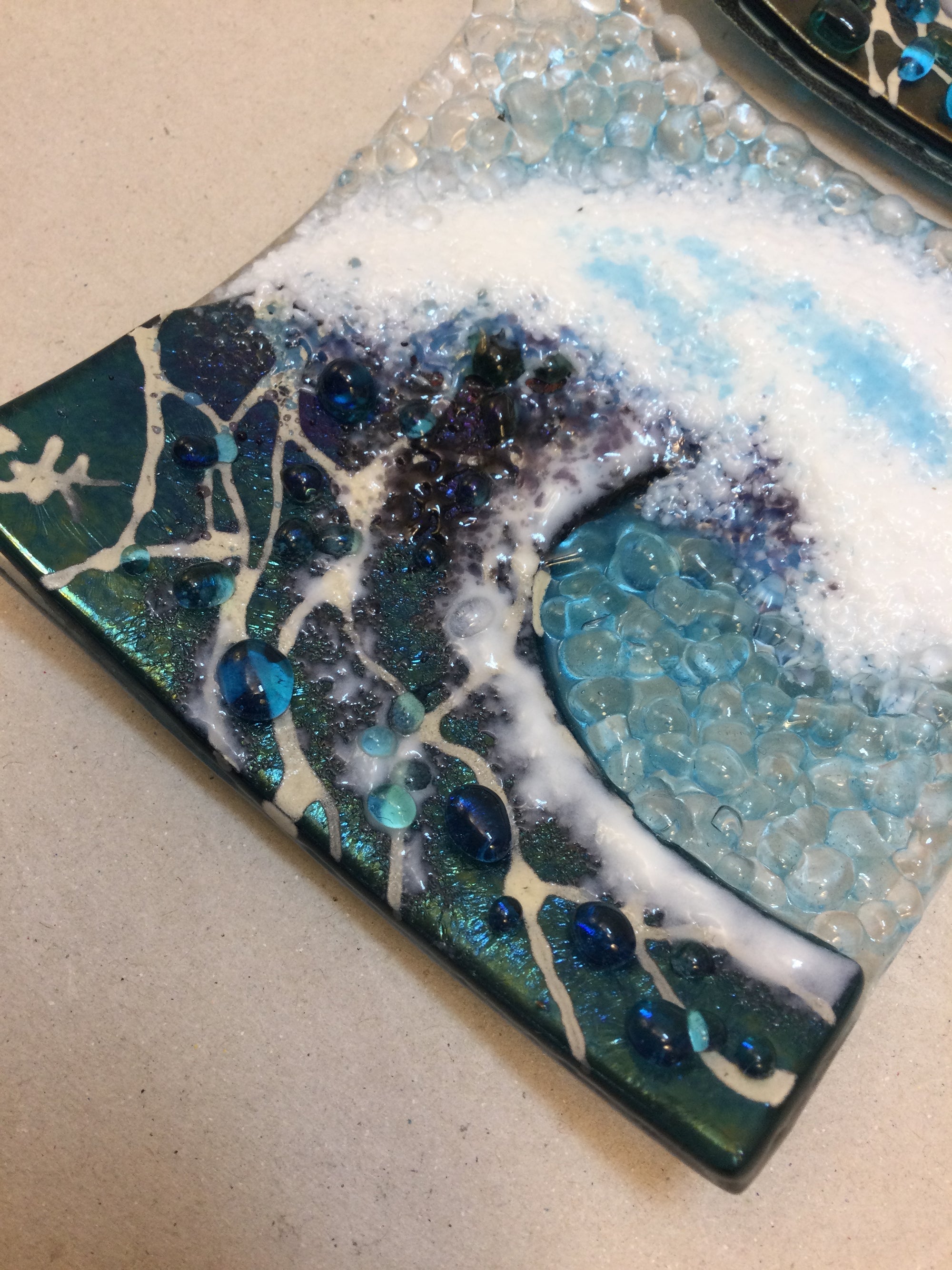 Trinket Dish - Crashing Wave Dark Aqua - Fused Glass By Claire Harris 