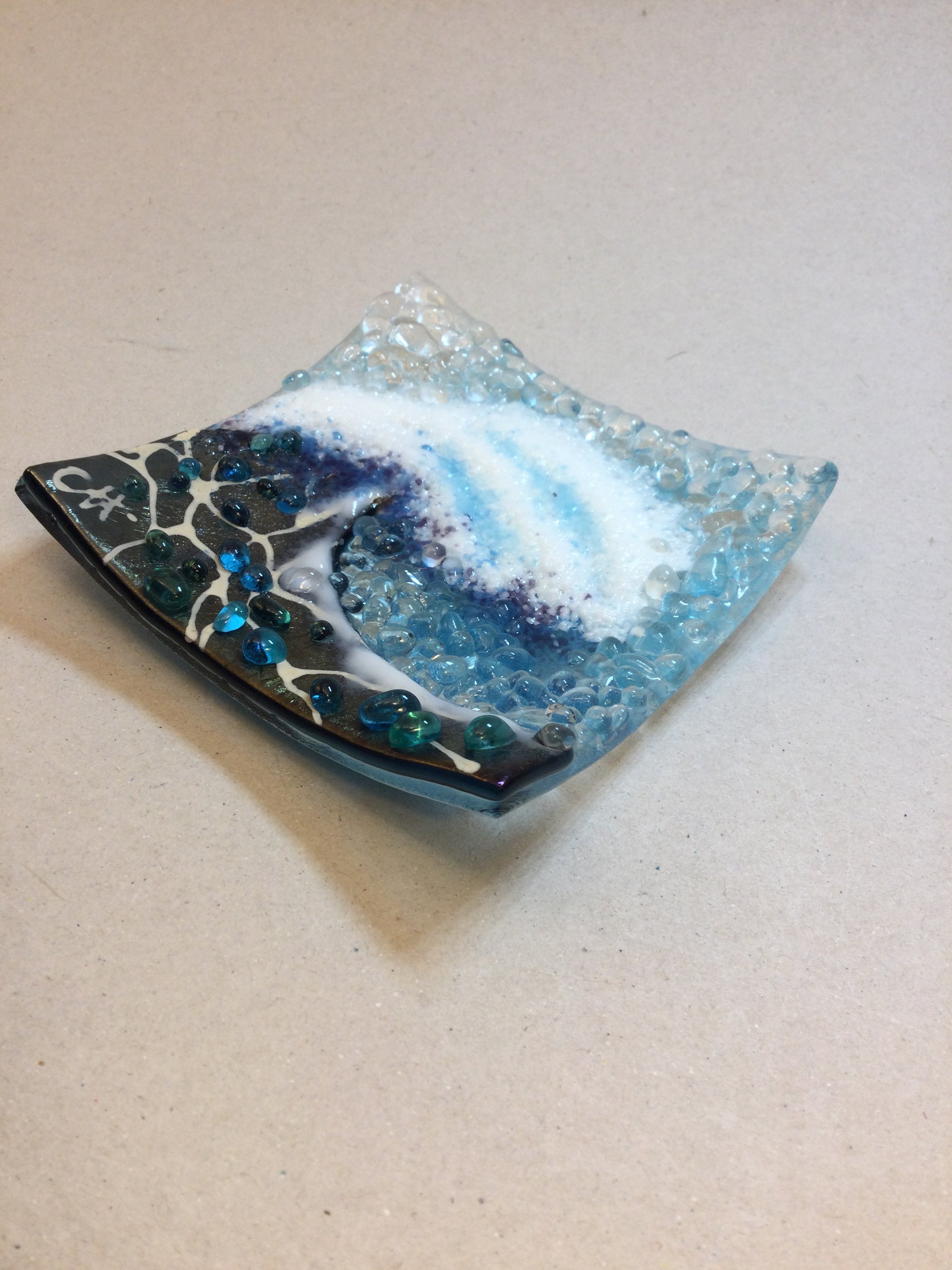 Trinket Dish - Crashing Wave Dark Aqua - Fused Glass By Claire Harris 