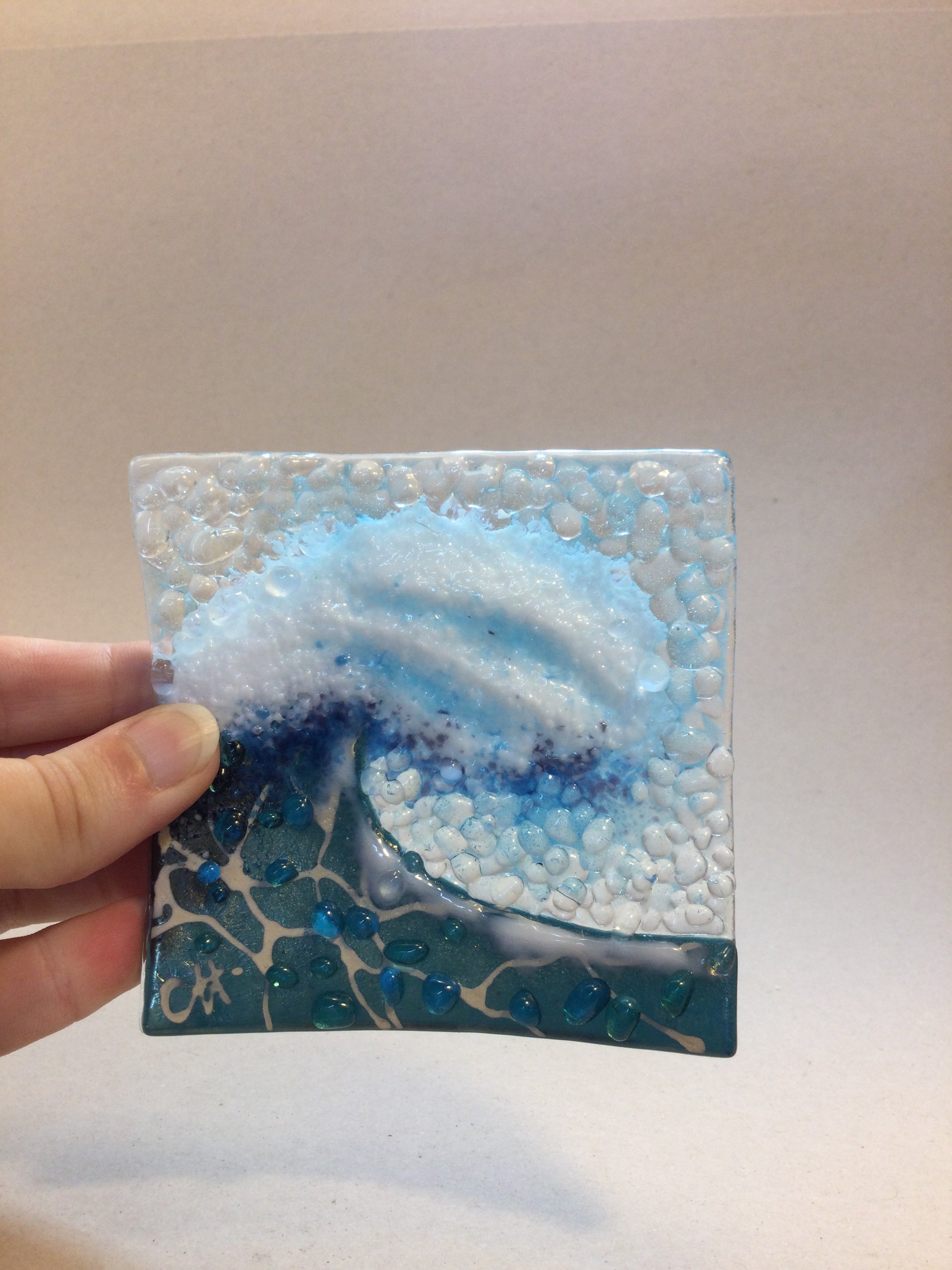 Trinket Dish - Crashing Wave Dark Aqua - Fused Glass By Claire Harris 