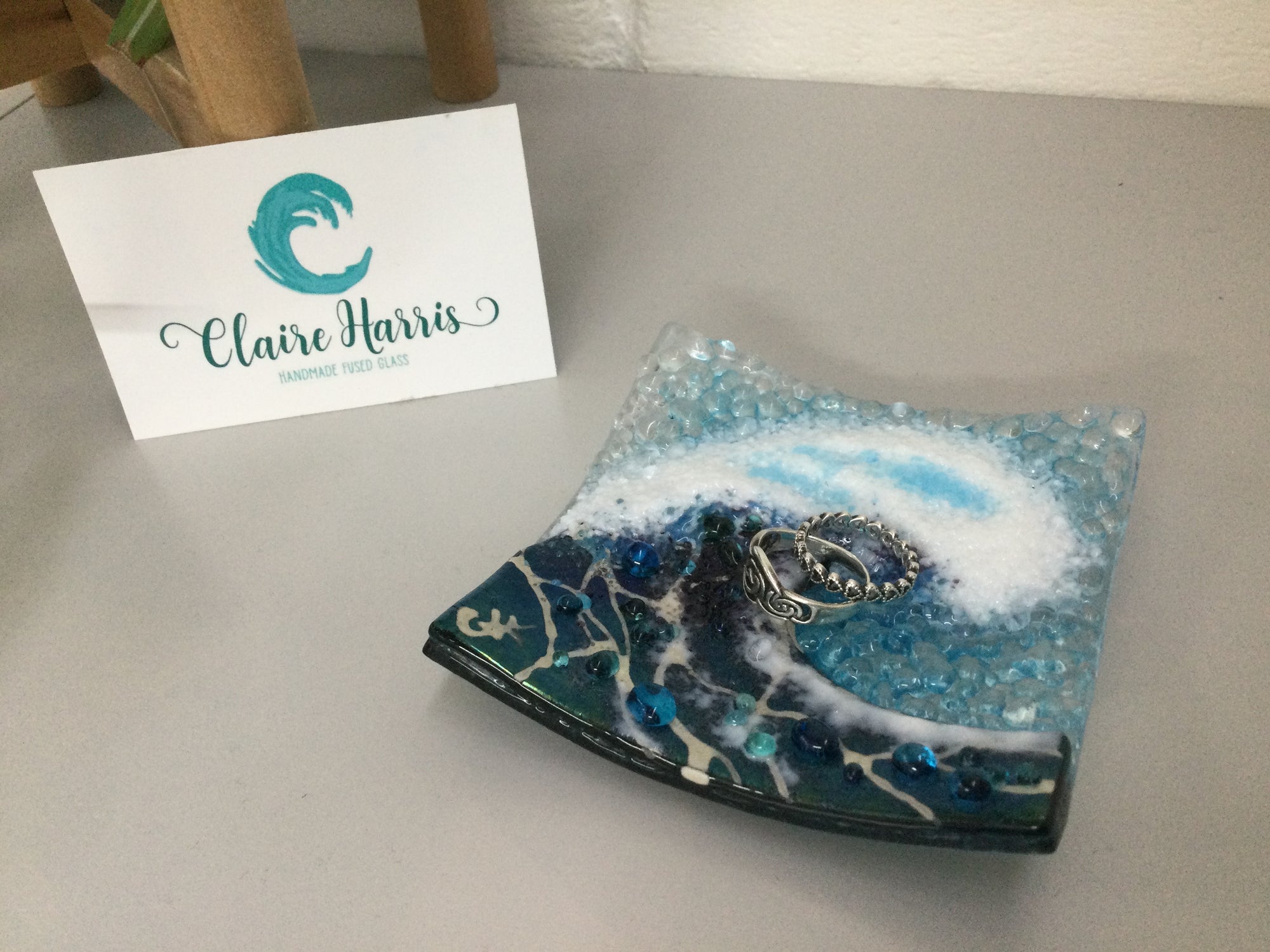 Trinket Dish - Crashing Wave Dark Aqua - Fused Glass By Claire Harris 