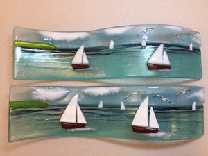 Small Freestanding Wave - Sea Scene with sailing boats - Fused Glass By Claire Harris 