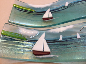 Small Freestanding Wave - Sea Scene with sailing boats - Fused Glass By Claire Harris 