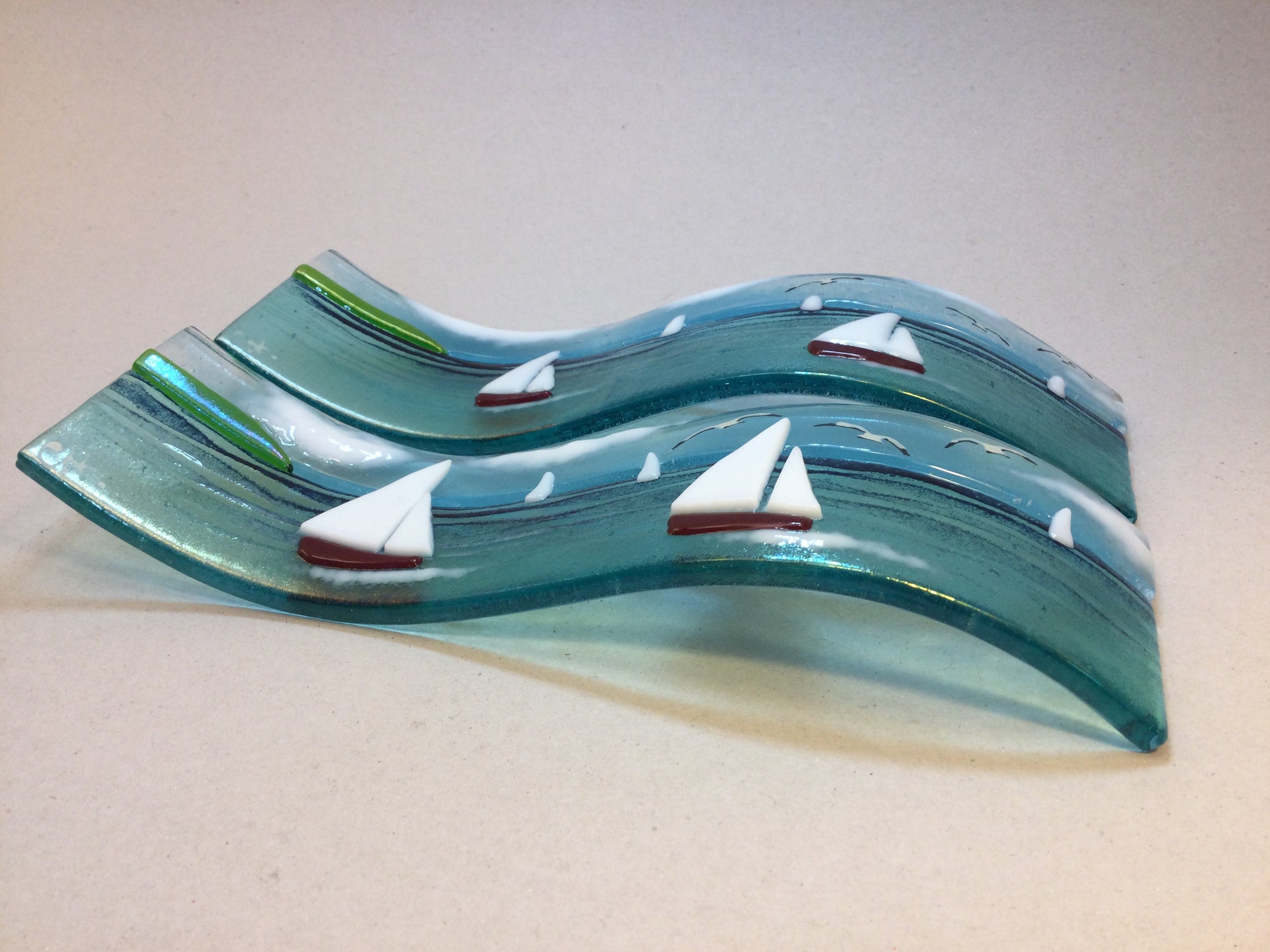 Small Freestanding Wave - Sea Scene with sailing boats - Fused Glass By Claire Harris 