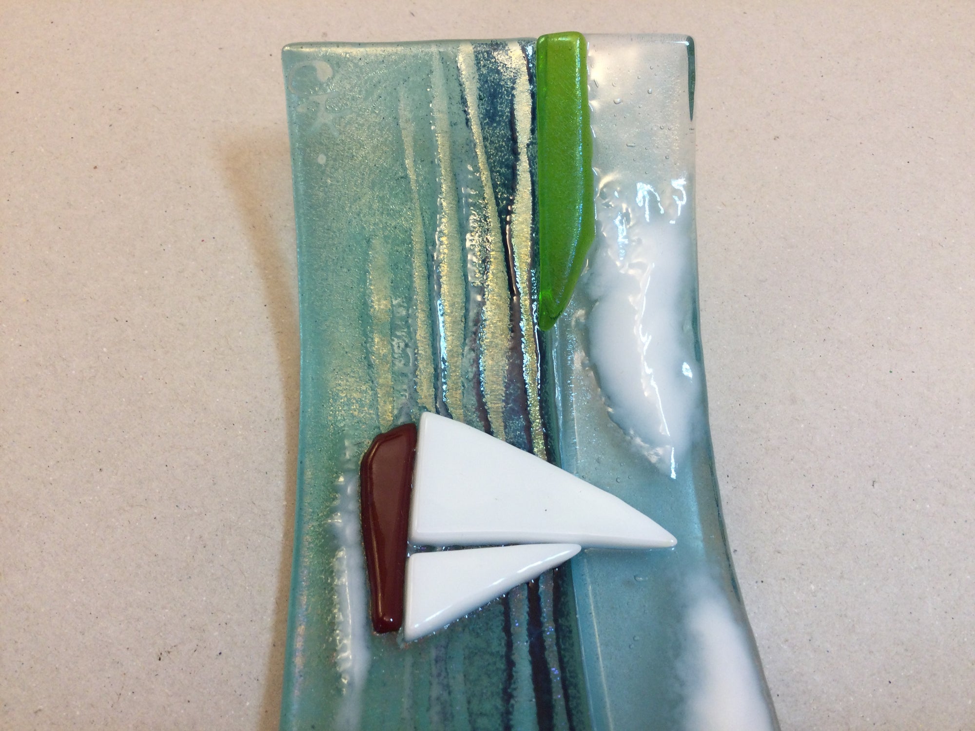 Small Freestanding Wave - Sea Scene with sailing boats - Fused Glass By Claire Harris 