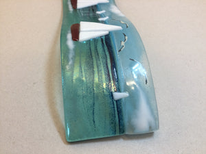 Small Freestanding Wave - Sea Scene with sailing boats - Fused Glass By Claire Harris 