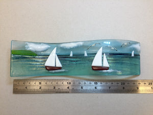 Small Freestanding Wave - Sea Scene with sailing boats - Fused Glass By Claire Harris 