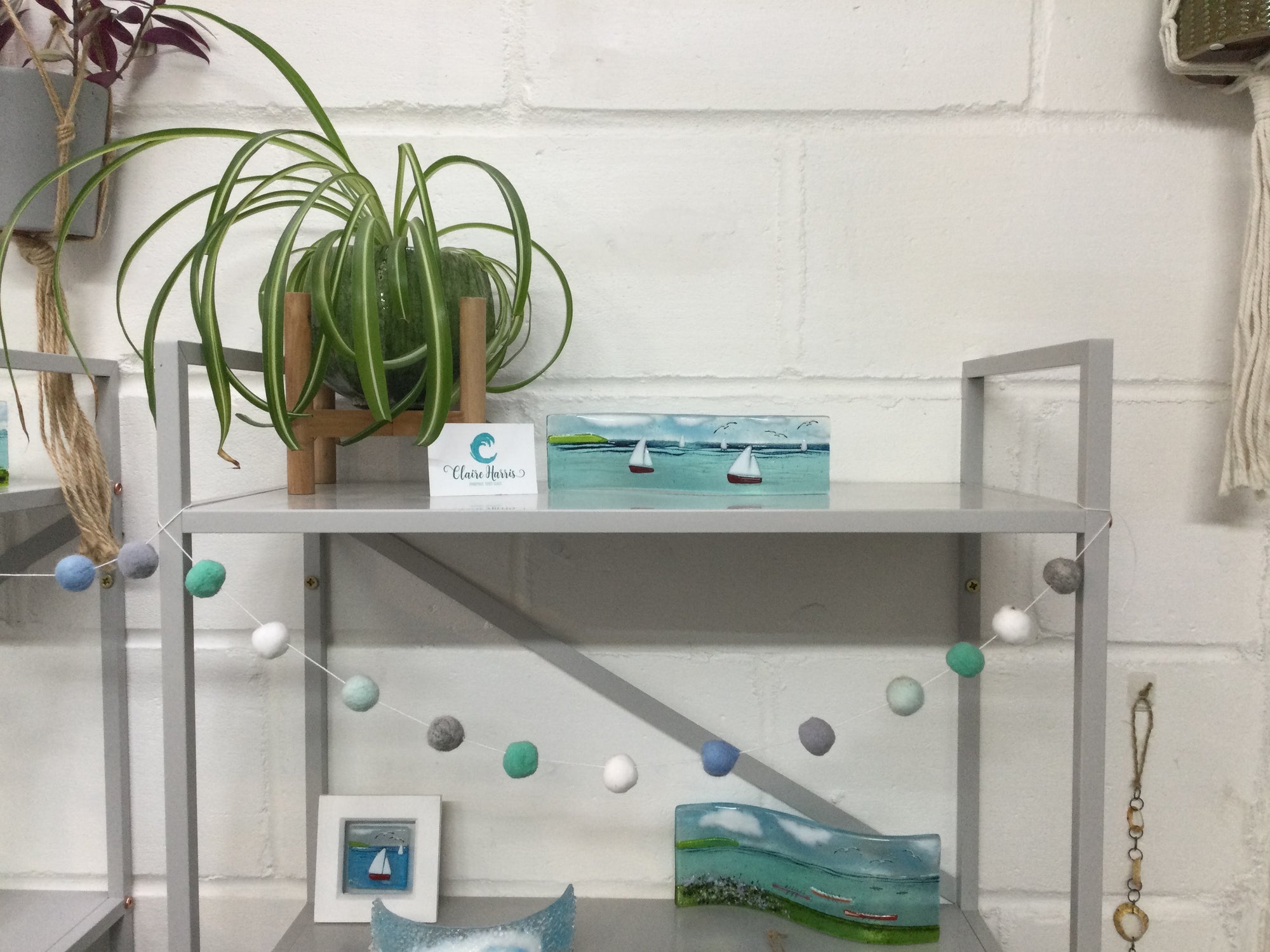 Small Freestanding Wave - Sea Scene with sailing boats - Fused Glass By Claire Harris 