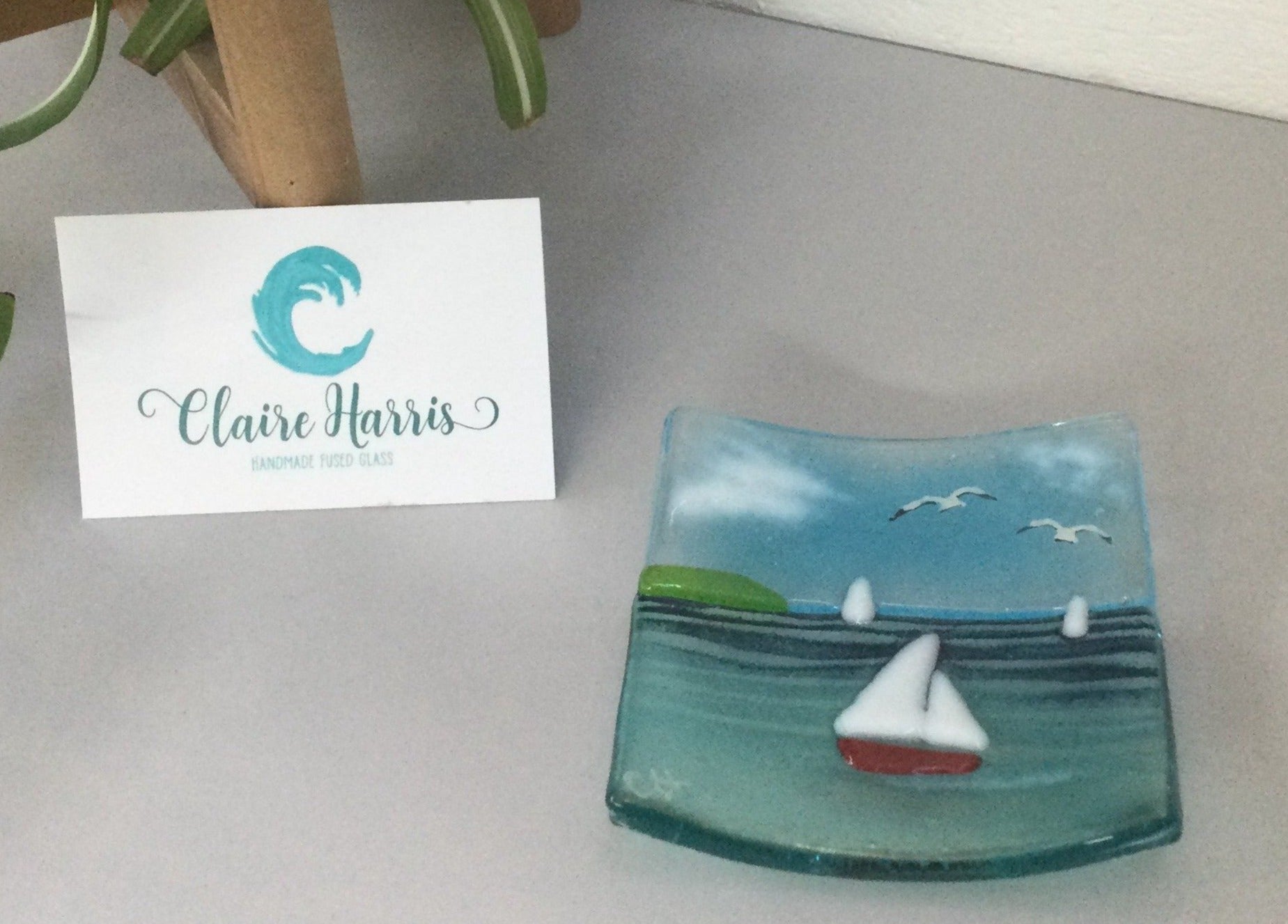 Trinket Dish - Sea scene with sailing boat - Fused Glass By Claire Harris 