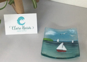 Trinket Dish - Sea scene with sailing boat - Fused Glass By Claire Harris 