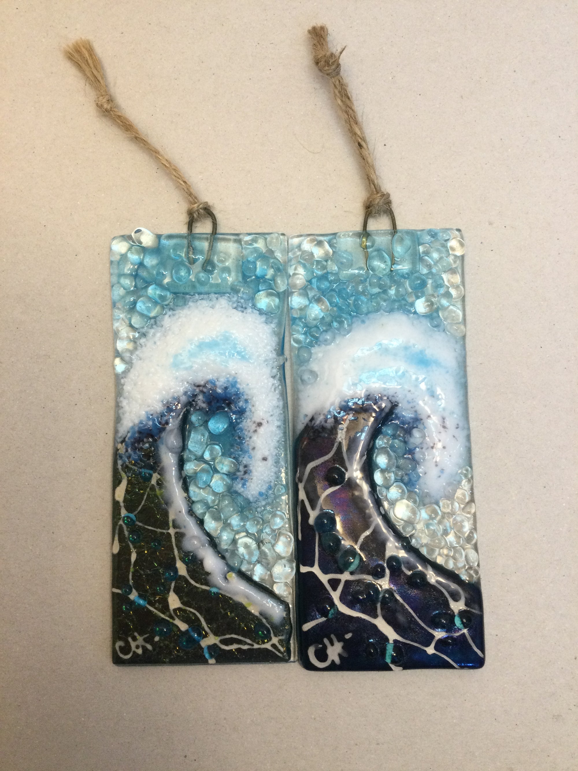 Small Hanger - Dark Aqua Crashing Wave - Fused Glass By Claire Harris 