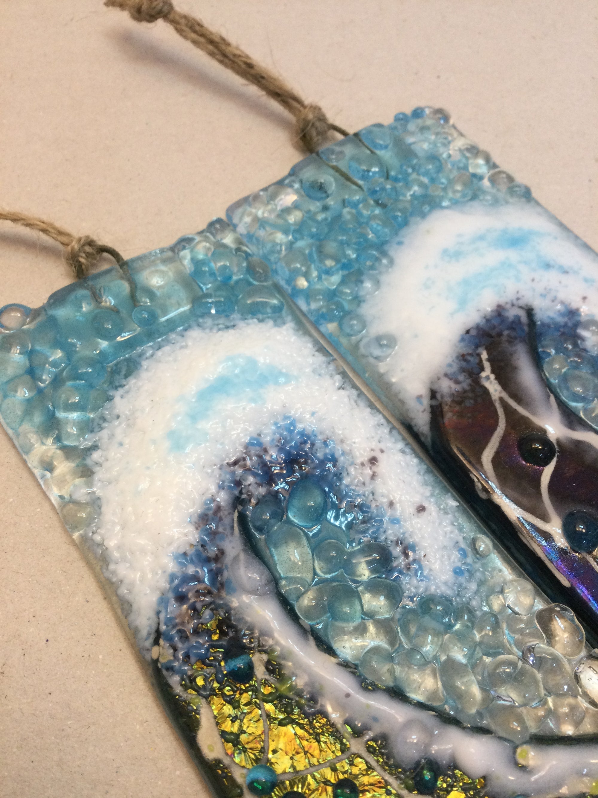 Small Hanger - Dark Aqua Crashing Wave - Fused Glass By Claire Harris 