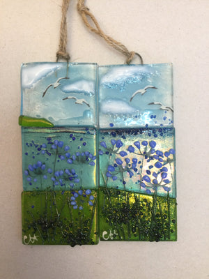 Small Hanger - Sea scene with agapanthus - Fused Glass By Claire Harris 