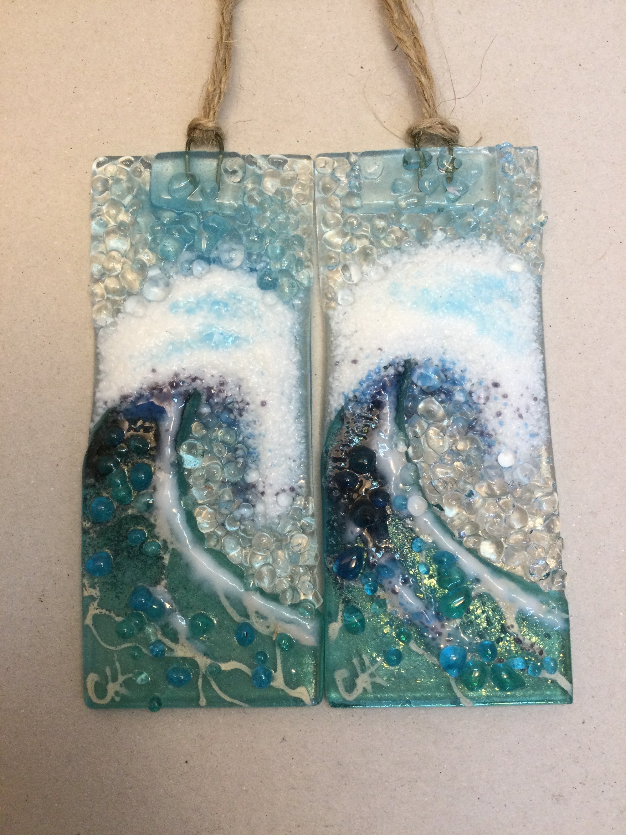 Small Hanger - Light Aqua Crashing Wave - Fused Glass By Claire Harris 