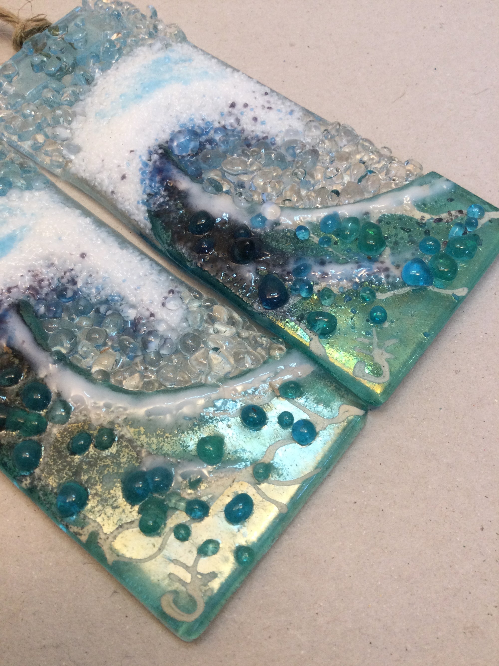 Small Hanger - Light Aqua Crashing Wave - Fused Glass By Claire Harris 