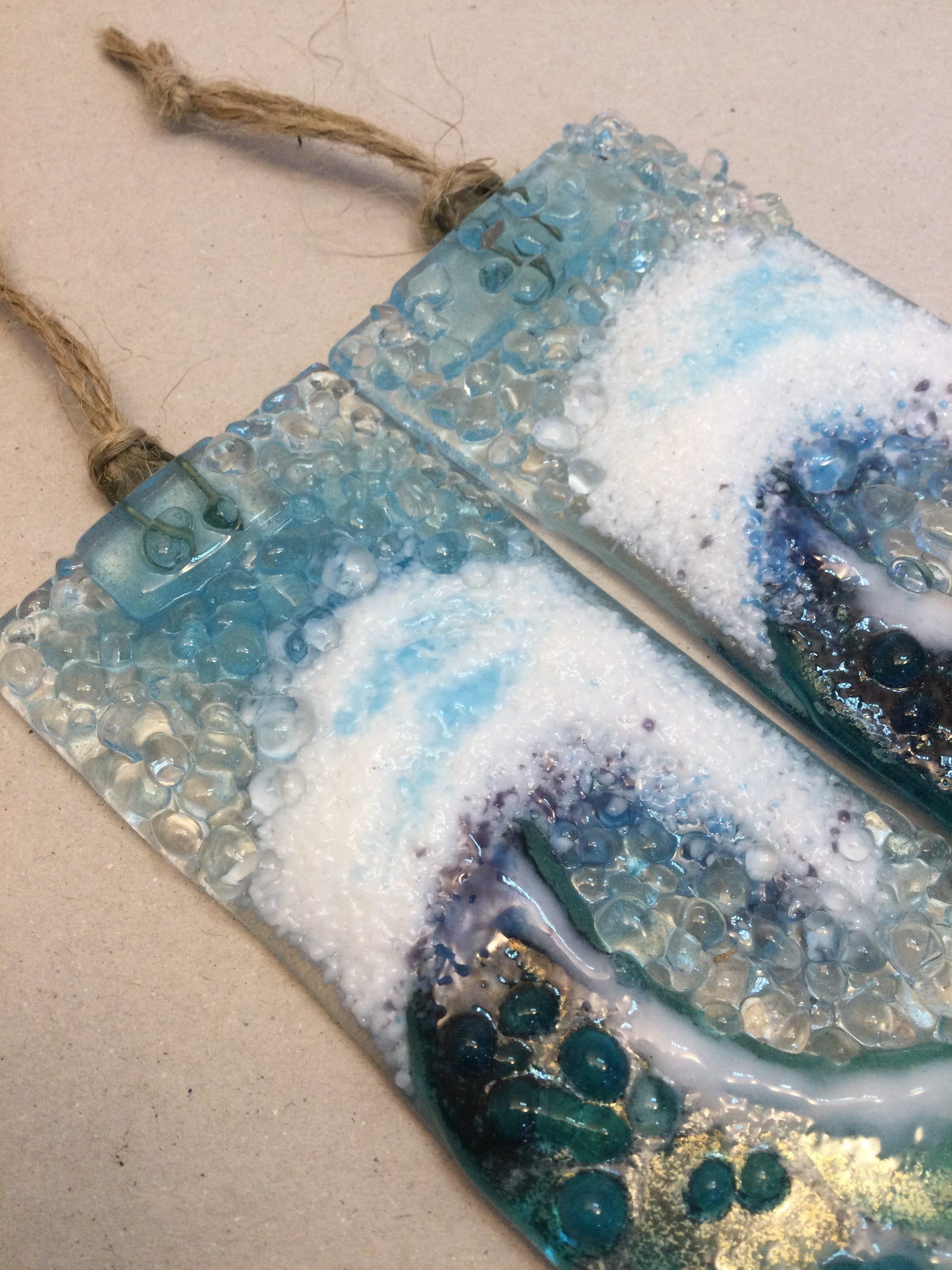 Small Hanger - Light Aqua Crashing Wave - Fused Glass By Claire Harris 