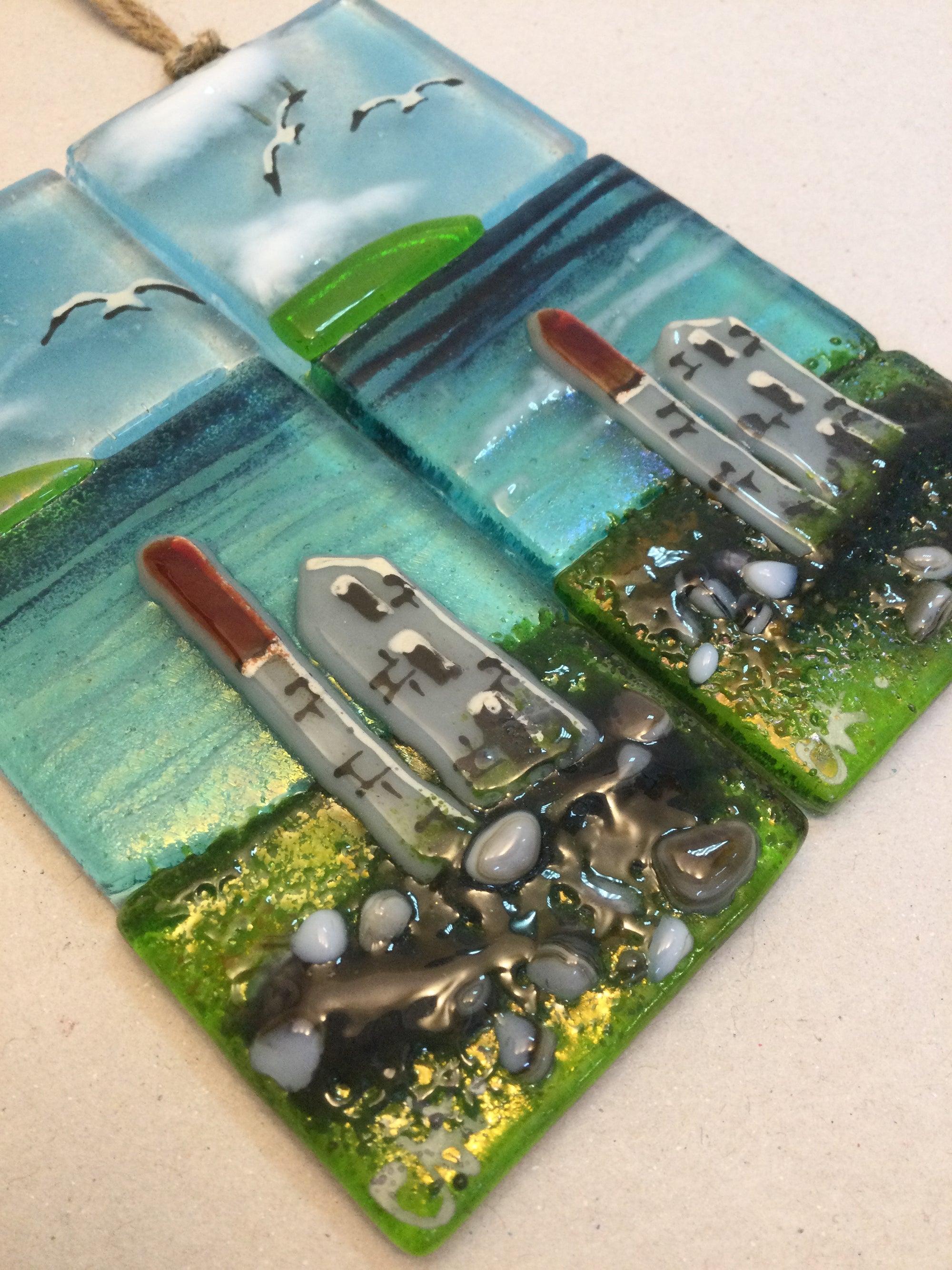 Small Hanger - Sea scene with Engine house - Fused Glass By Claire Harris 