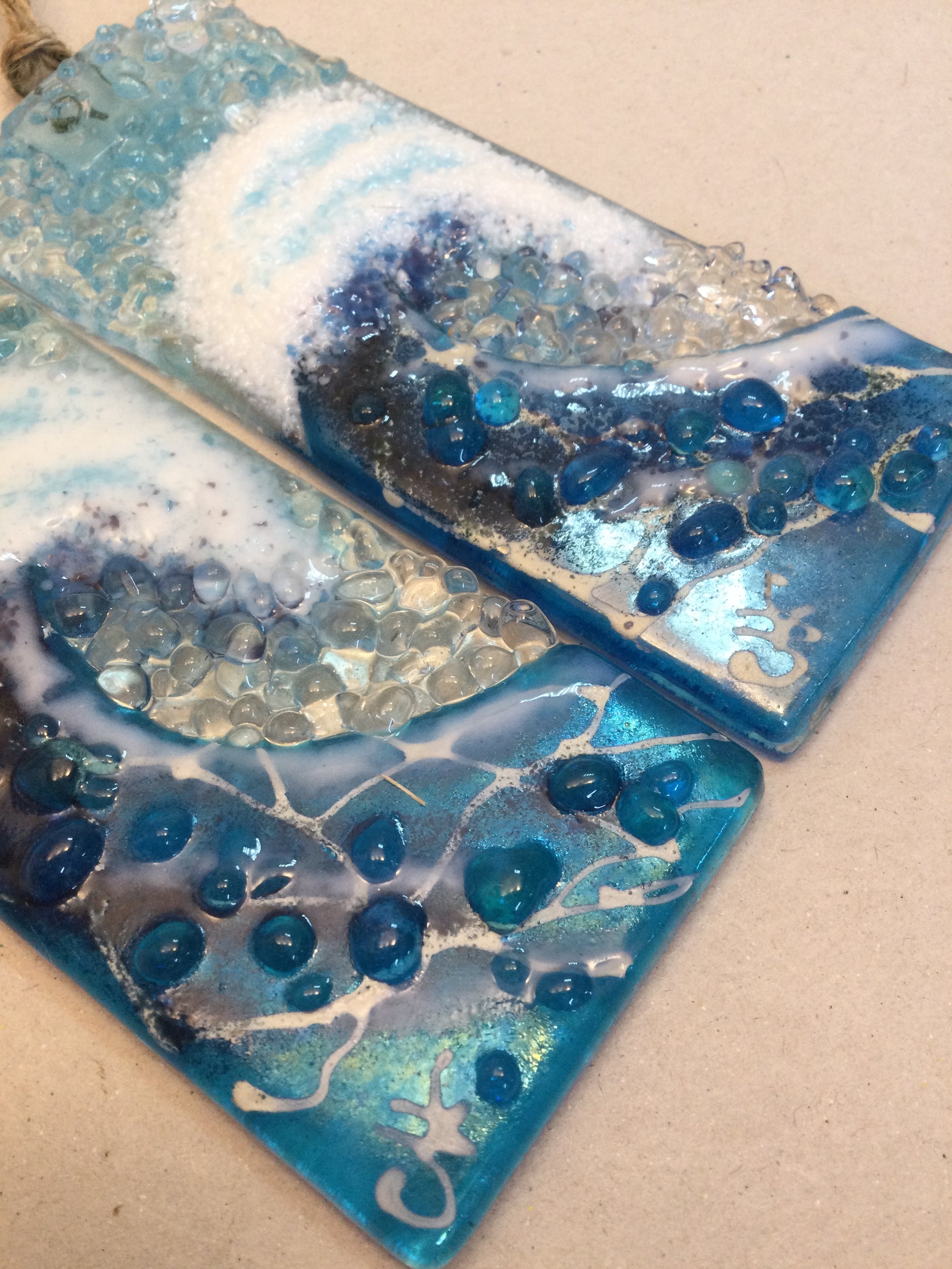 Small Hanger - Turquoise Crashing Wave - Fused Glass By Claire Harris 