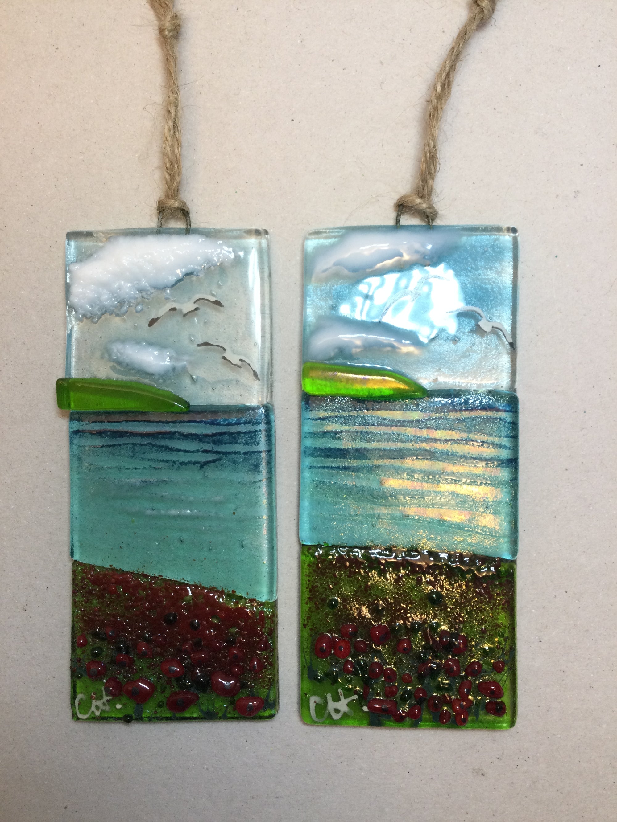 Small Hanger - Sea scene with poppies - Fused Glass By Claire Harris 