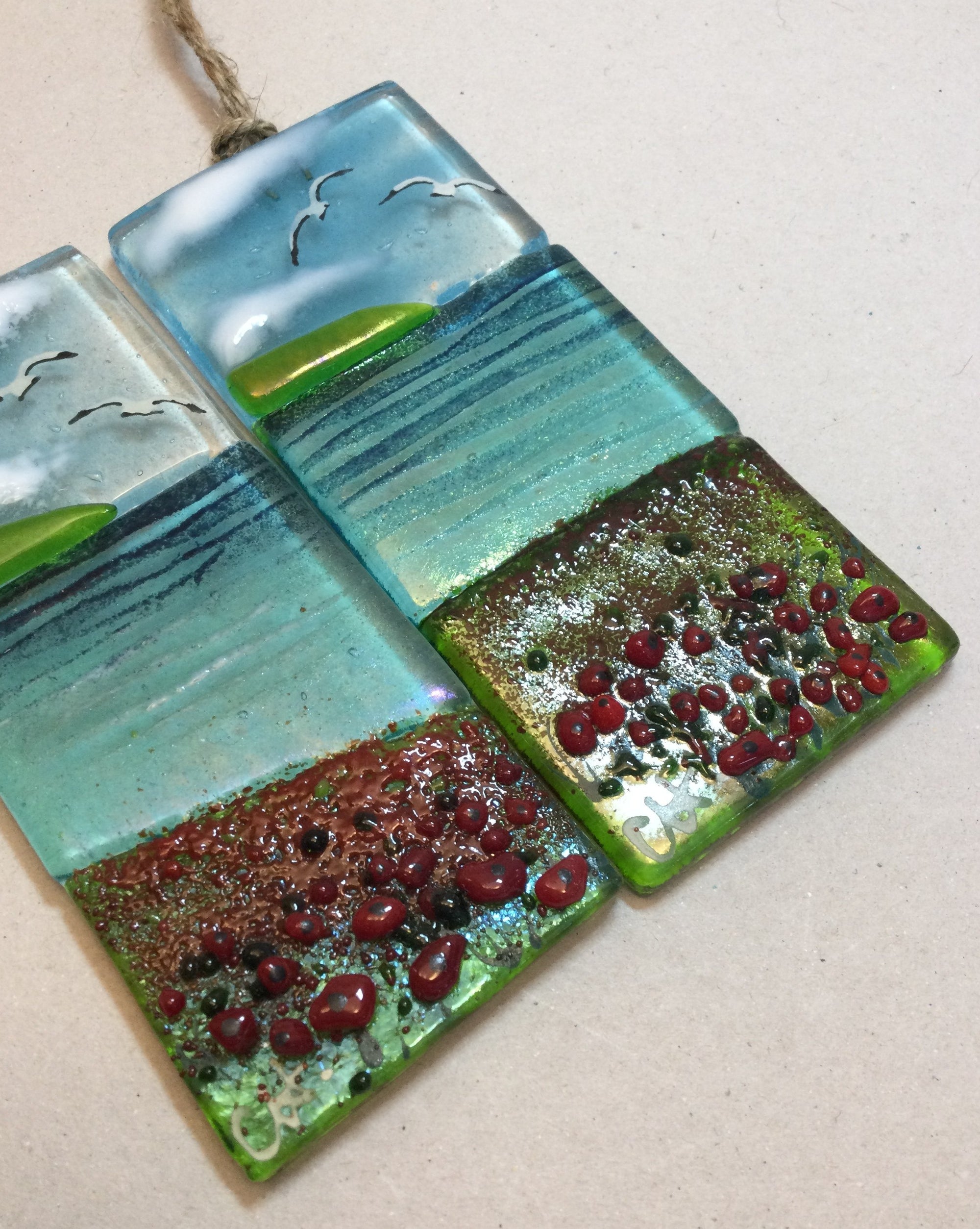 Small Hanger - Sea scene with poppies - Fused Glass By Claire Harris 