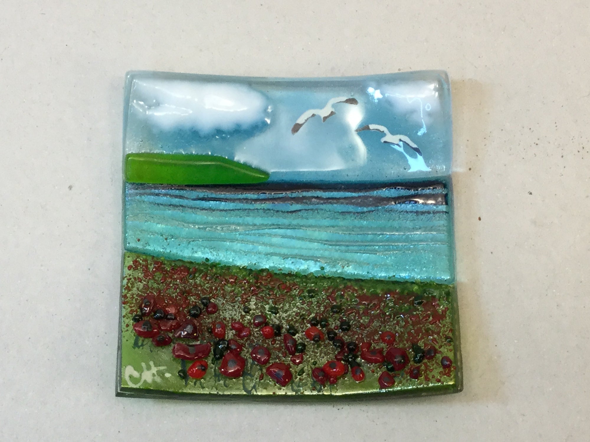 Trinket Dish - Seascene with poppies - Fused Glass By Claire Harris 