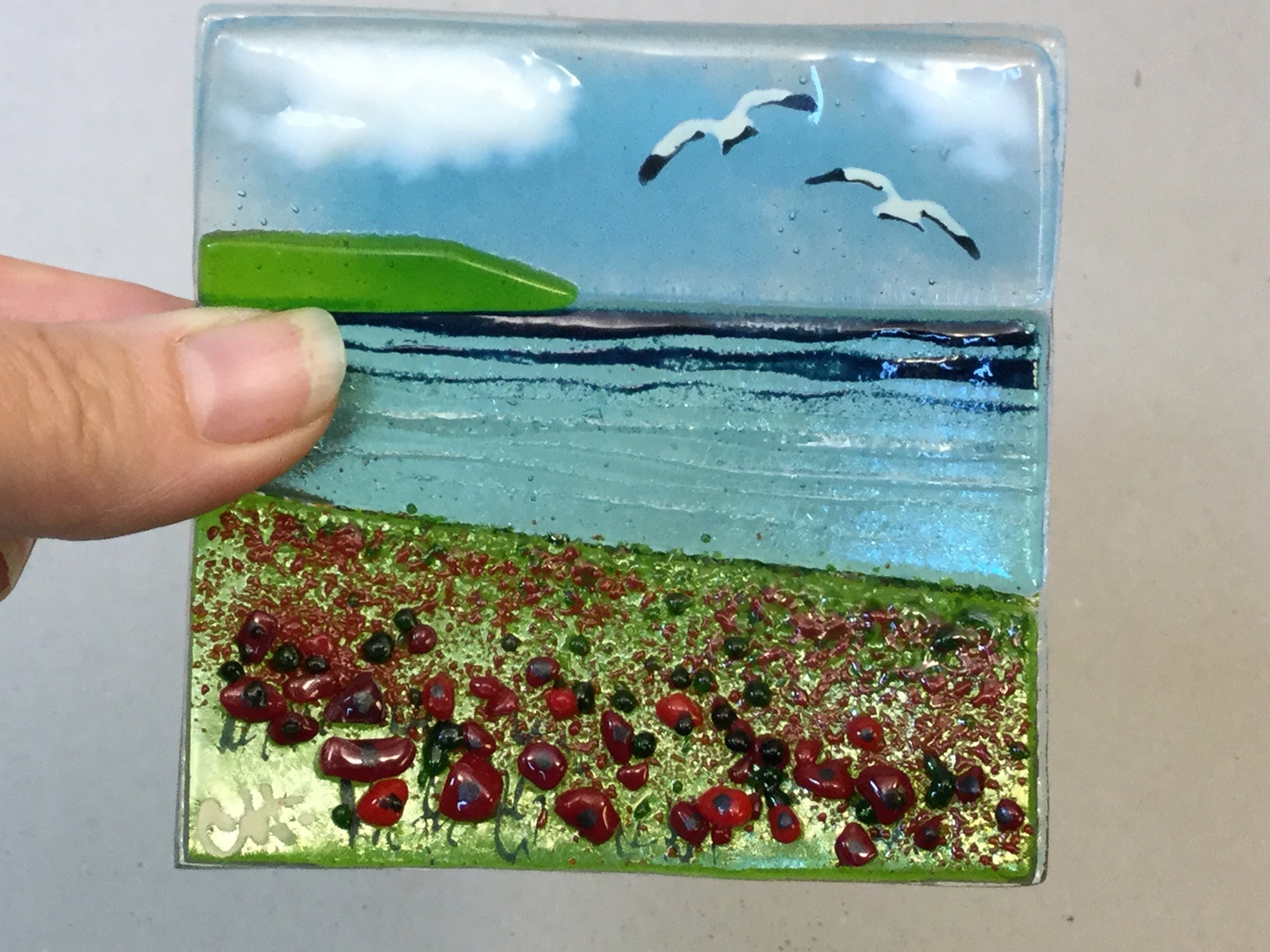 Trinket Dish - Seascene with poppies - Fused Glass By Claire Harris 